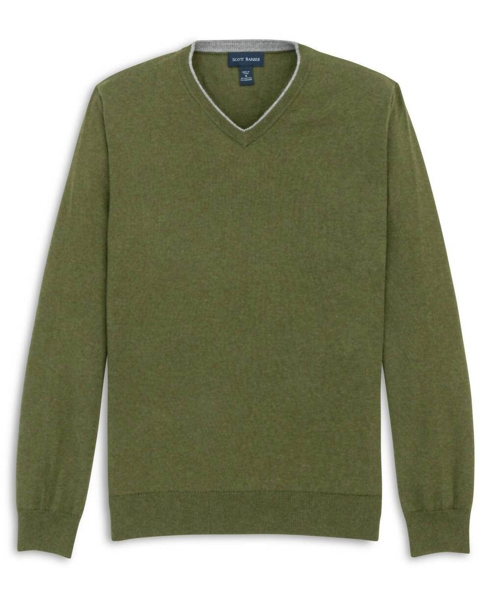 NEW SCOTT BARBER men's the classic 12gg v-neck sweater in olive